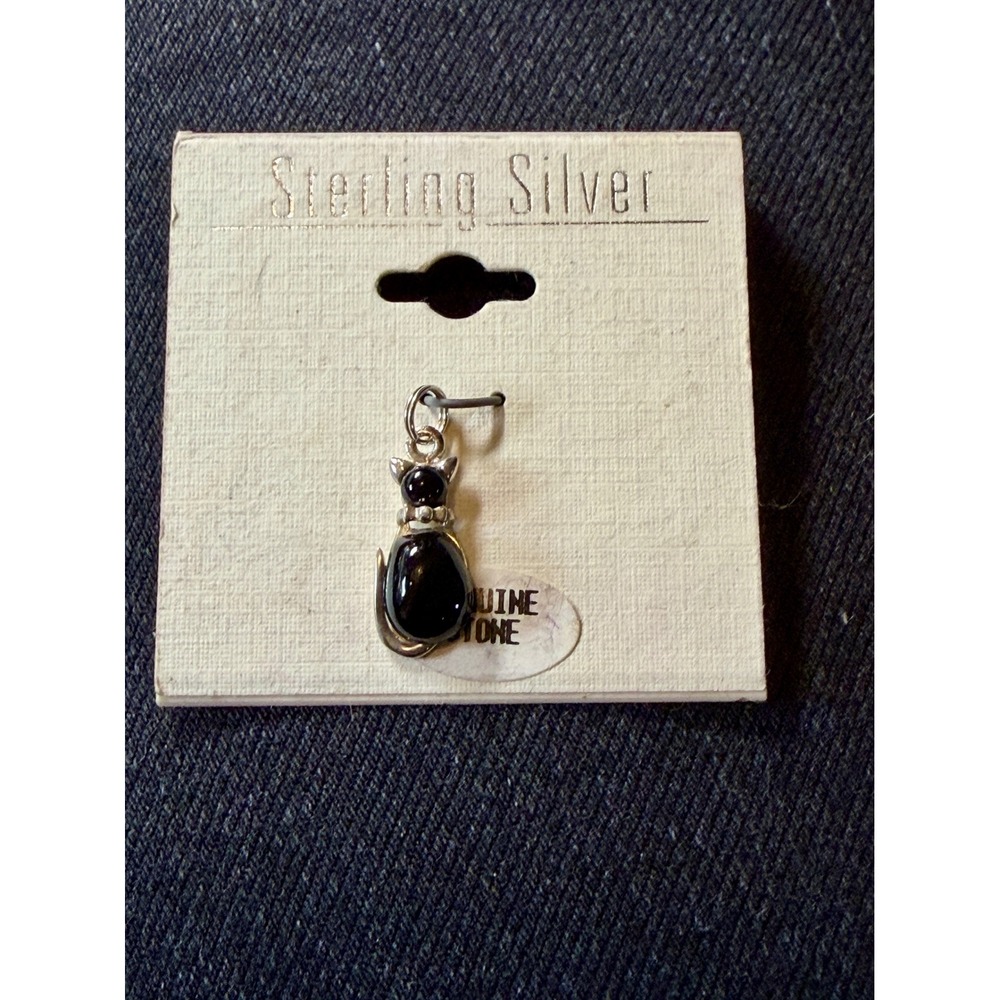Sterling Silver Black Onyx Cat Pendant Genuine Stone 925 Charm Thailand